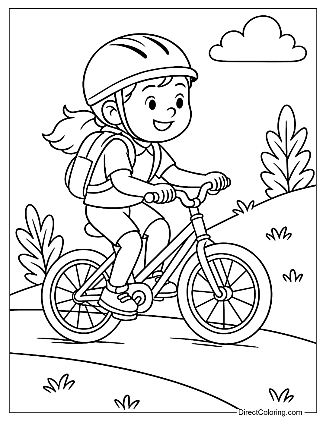 Coloring page of a girl cycling up a gentle hill, wearing a helmet and a small backpack.